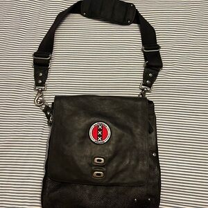 Will Leather Goods Black Messenger Bag with Red Accent